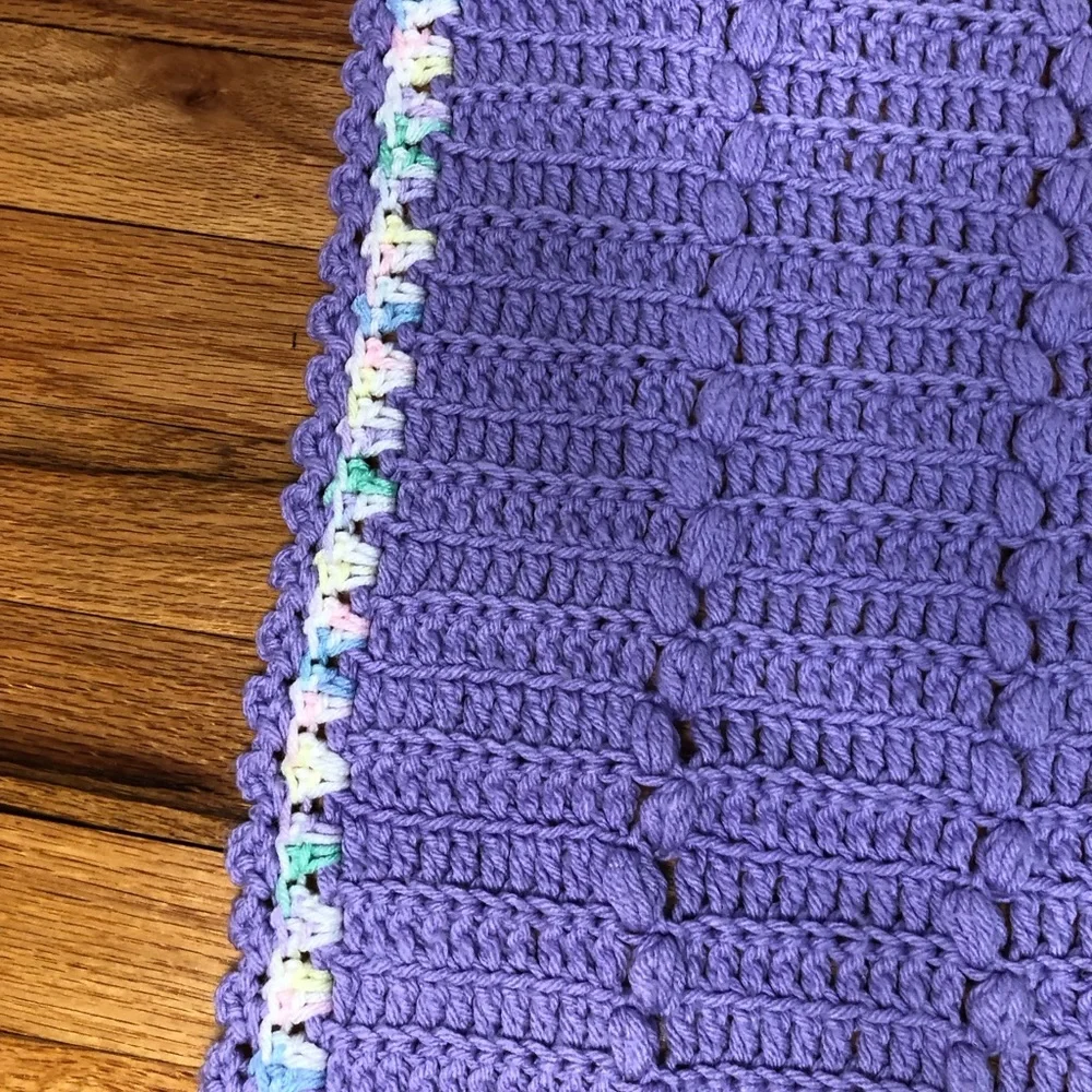 Baby blanket handmade crochet purple with‎ white multicolor trim 38” x 38”